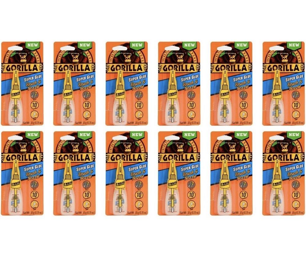 12 PACK Gorilla Super Glue Brush & Nozzle: 10 grams Each (Clear)